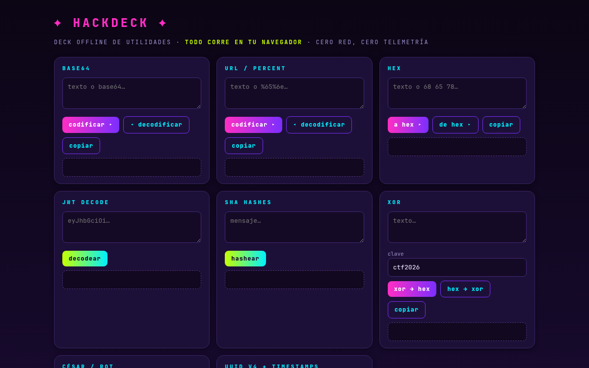 Deck hackdeck con utilidades base64, JWT y hashes en estilo hyperpop