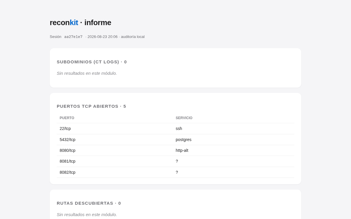 Informe HTML de reconkit con puertos y rutas descubiertas